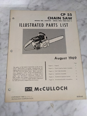 #ad MCCULLOCH PARTS LIST BOOK ILLUSTRATED MANUAL CHAIN SAW MODEL CP 55 83065 1969 $4.54