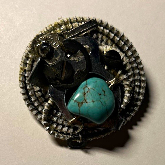 Silver Tone Round Blue Turquoise Asemblage Brooch