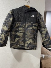 The North Face Jacket Boys Large Green Camo Reversible Hooded Fleece Puffer Med