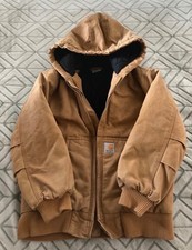 Carhartt Youth Jacket Medium 10-12 Canvas Hood Quilted Insulated Brown Workwear