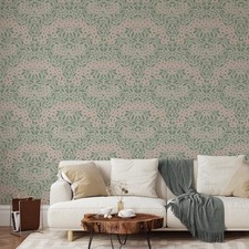 Fleurie Damassé Monde Du Papier Peint Vert Sauge Rose AF0037 Feuilles Botaniques
