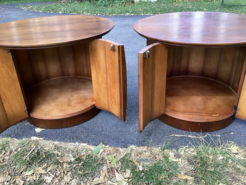 LANE First Edition MCM Mid Century Round Cabinet End Tables, Nightstands, A Pair - Image 4 of 4