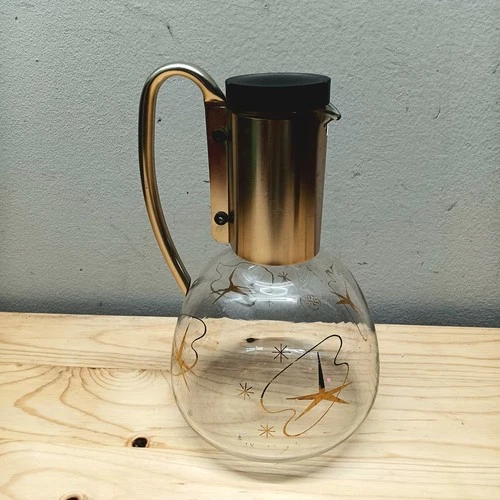 Vintage Pyrex for Weico Glass Pitcher Carafe - Gold Atomic Starburst MCM