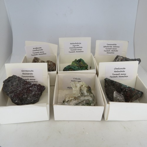 Excellent set of six Tsumeb minerals, small cabinet size