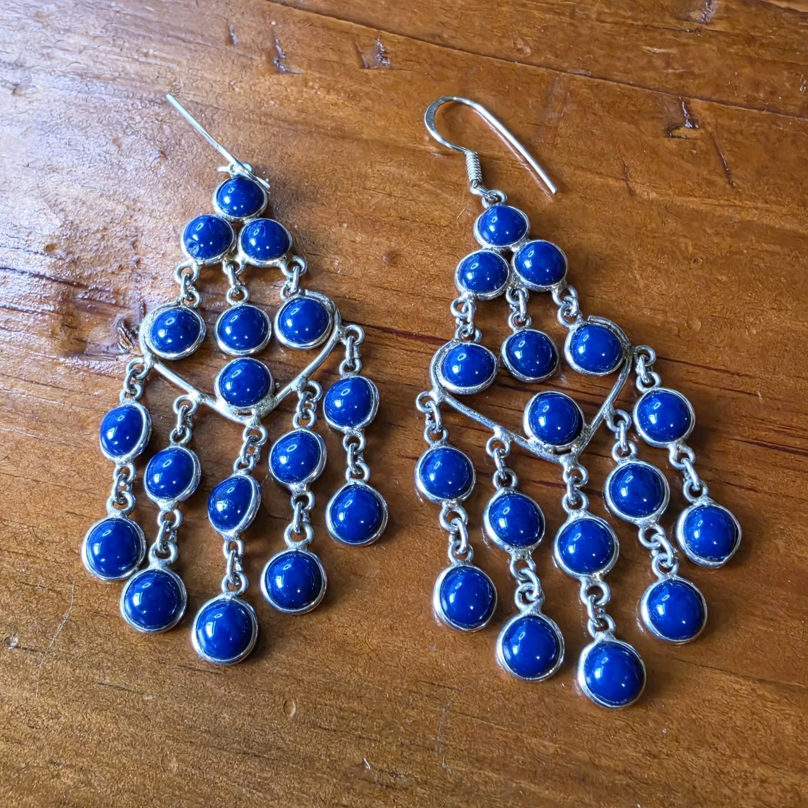 Vtg Cobalt Blue Glass Chandelier Earrings Boho Sterling Silver Dangle 2.5