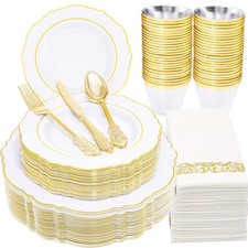 350 Pieces Gold Disposable Plates for 50 Guests, Plastic Plates for Party, Di...