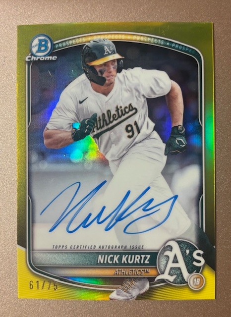 2025 Bowman - Chrome Prospect Autographs Nick Kurtz #CPA-NK Yellow Refractor /75