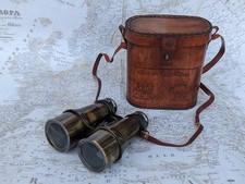 Vintage Brass Nautical Binoculars with Leather Case Royal Navy Style Telescope