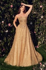 Gold Strapless A-Line Evening Gown with Glitter Embellishments