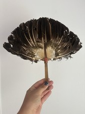 Vintage Antique Fixed Feather Concave Hand Fan with Hand-carved Bone Handle