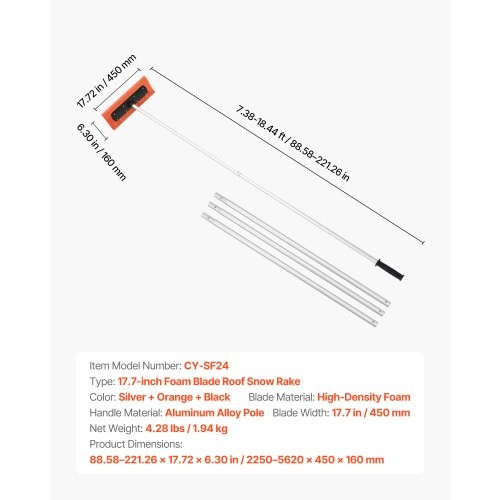VEVOR Snow Roof Rake, 17.7 in Foam Blade, 7.3-18.4 ft Adjustable Roof Snow Scrap