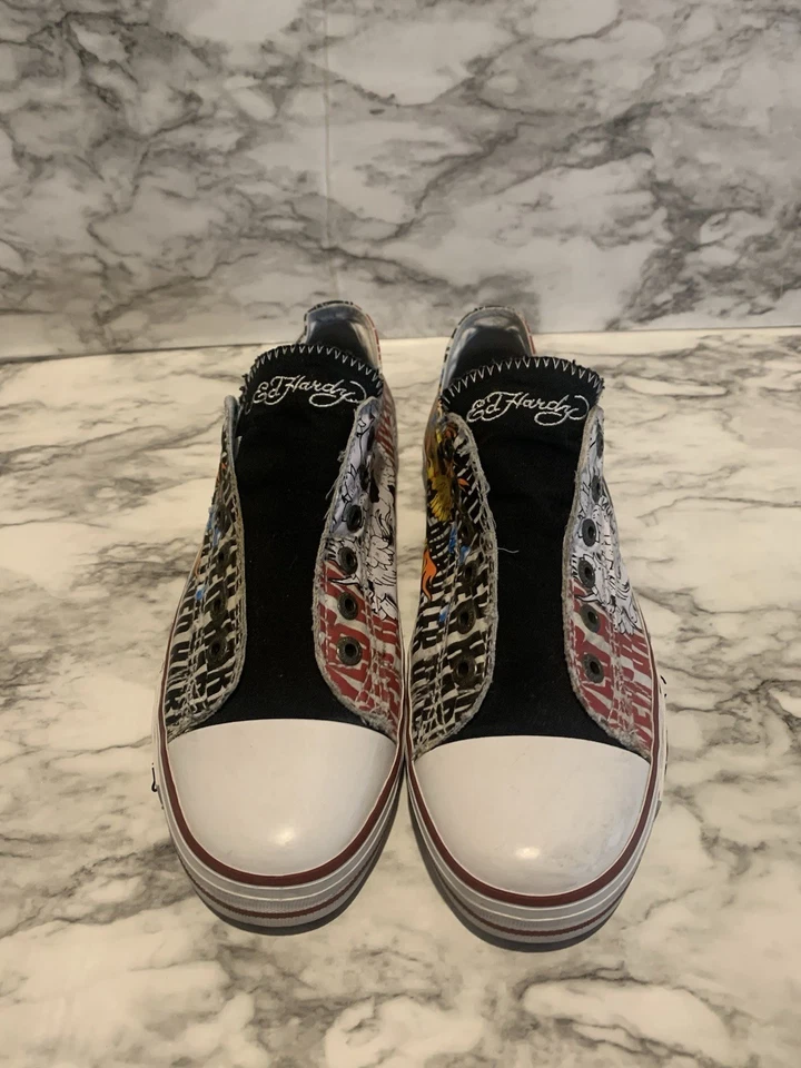 Y2K Ed Hardy Zapatillas bajas de lona con calavera para hombre 12 zapatos sin cordones con estampado de tatuajes Foto 4 de 4
