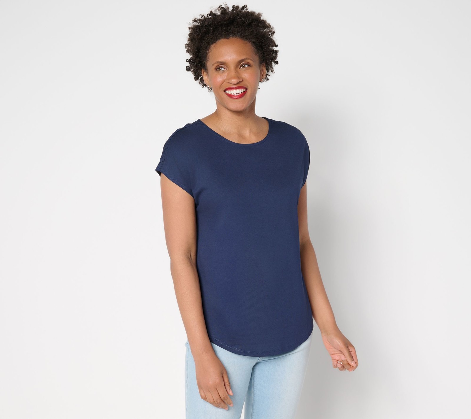 Belle by Kim Gravel Women's Top Sz XS Ruched Shoulder Peached Modal Blue A691526