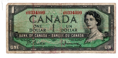 1954 CANADA Canadian ONE 1 DOLLAR BILL prefix X/Z NOTE crisp high