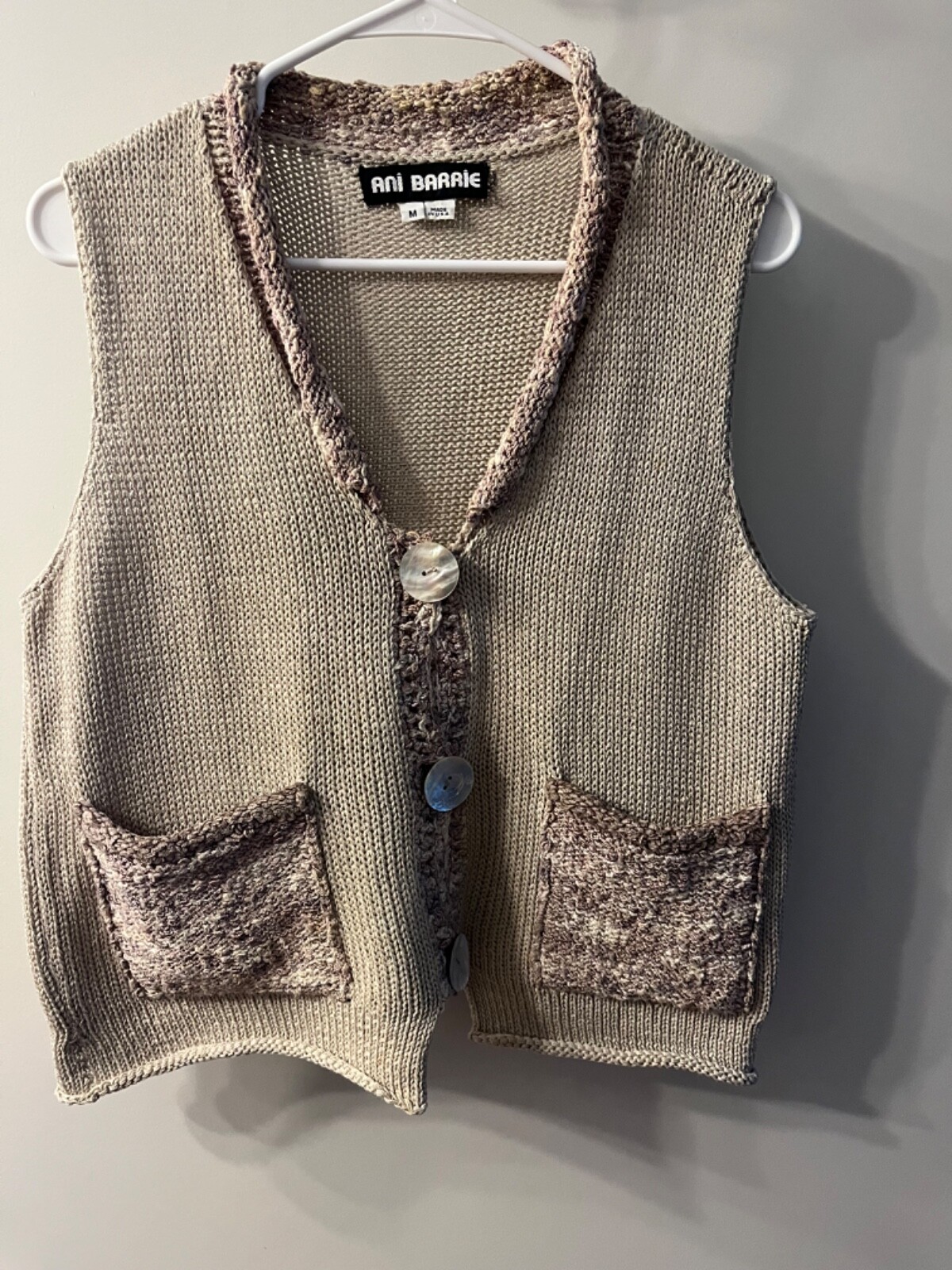 Vintage ANI BARRIE Knit Sweater Vest Pockets Button Front Rolled V Collar USA