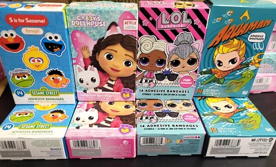 2 Boxes Character Bandages Sesame Street Aquaman Gabbys Dollhouse