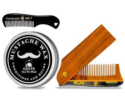 Mustache Wax & Comb Kit - Beard & Mustache Wax For Men With Strong Hold Natur...