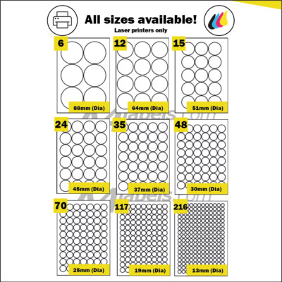 Runde Gold oder Silber Metallic A4 Etiketten, geeignet für Laserdruck.  