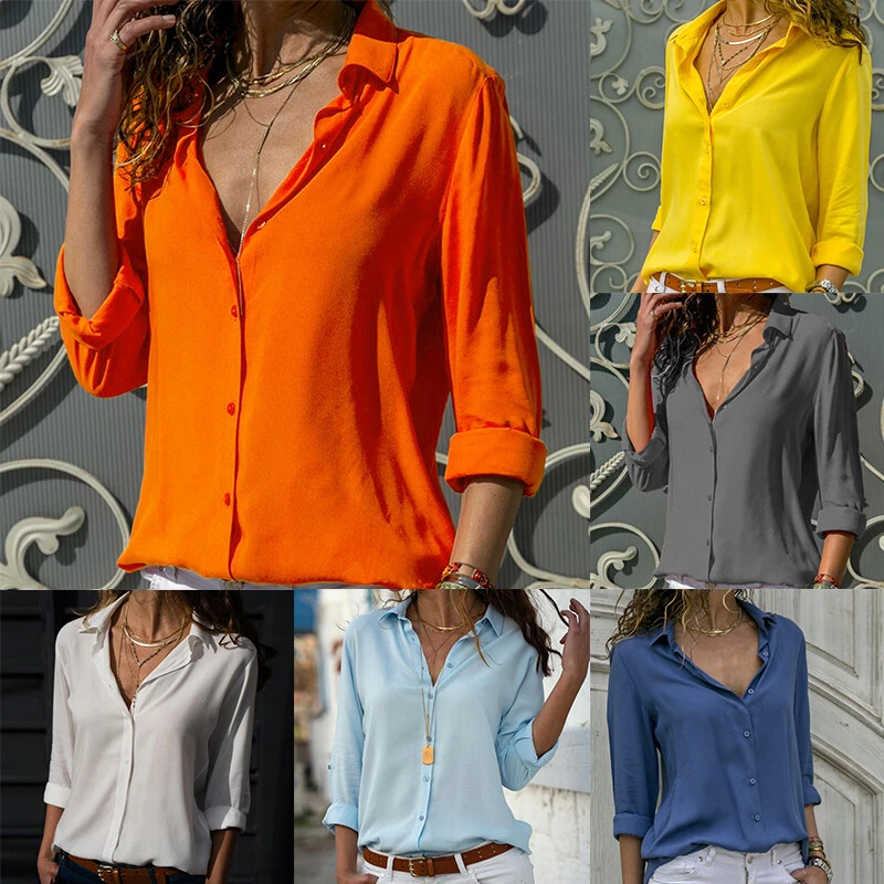 Womens Chiffon Blouse Lady Office Shirts Casual Long Sleeve Work Wear Tops