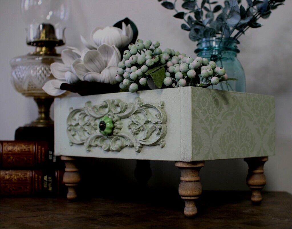 FRENCH FARM COUNTRY TABLE RISER PALE GREEN ACCENTED DISTRESSED DRAWER KNOB