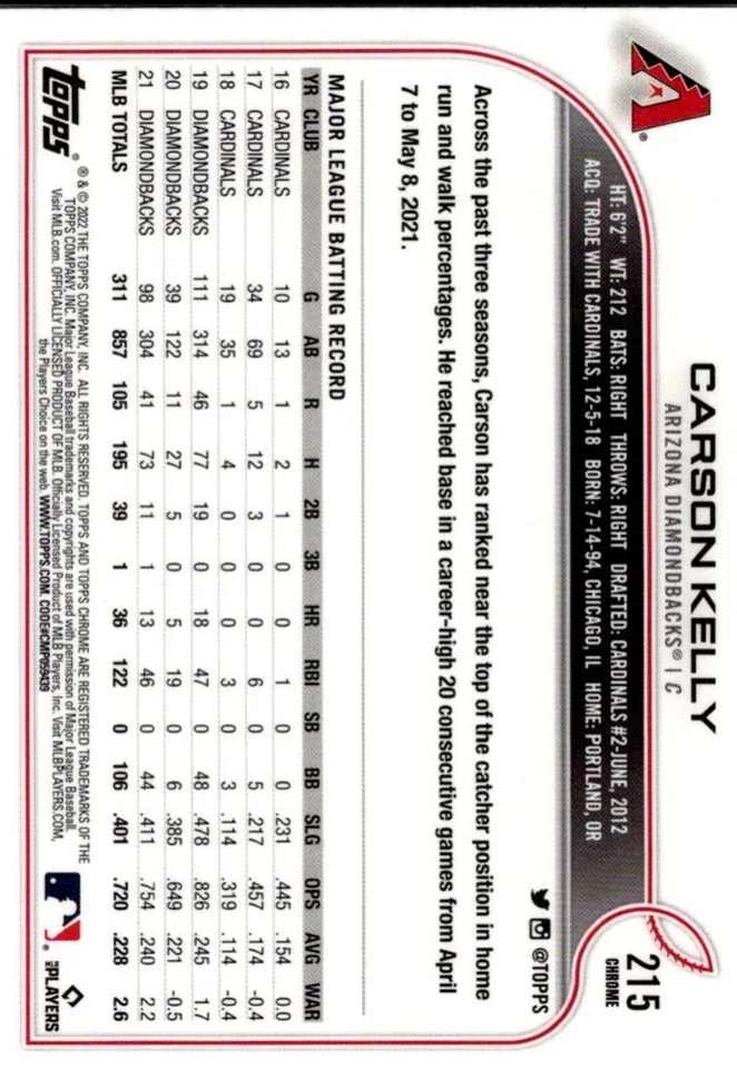 2022 Topps Chrome Carson Kelly Arizona Diamondbacks #215 - Image 2 of 2