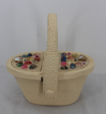 Antique Vintage Sea Shell Basket Small Ivory Painted Sewing Picnic Storage 1920s