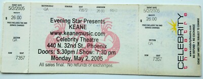 KEANE ORIGINAL CONCERT TICKET LIVE AT CELEBRITY THEATRE IN PHOENIX USA 2005 TOUR