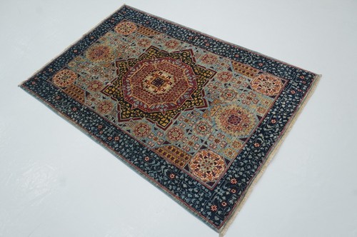 3 x 5 ft Blue Mamluk Afghan Hand Knotted Wool Medallion Area Rug - Picture 3 of 18