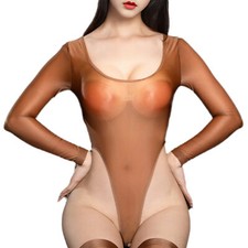 Womens See Through Sheer Bodysuit Lingerie Silky Open Crotch High Cut Leotard