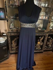 Maxi Prom Dress Midnight Blue Rhinestone Empire Waist Cinderella Elegant Size 5