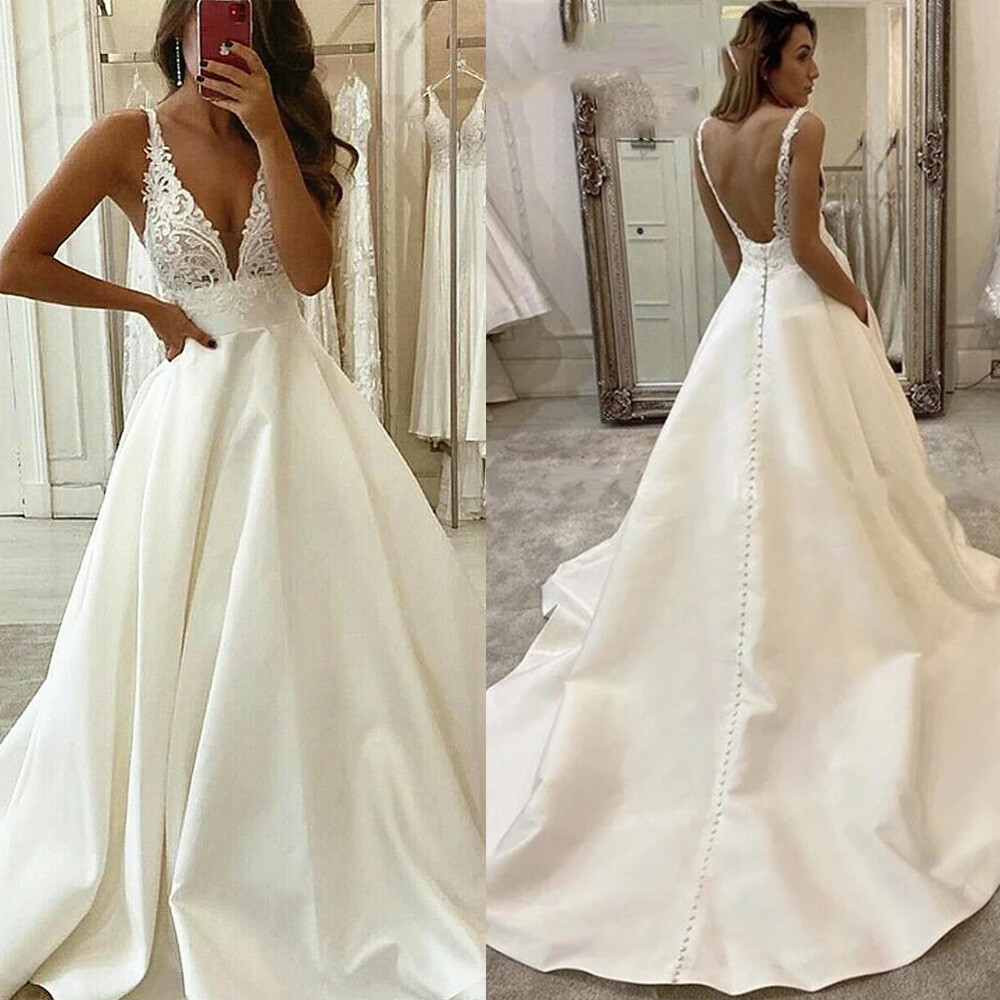Satin Pocket V Neck Backless Wedding Dress Satin Pocket V Neck Backless Wedding Dress