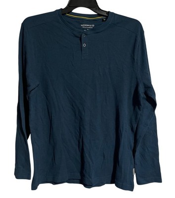 Larsson & Co Mens Long Sleeve Henley Shirt Size M Blue 100% Cotton Waffle Weave