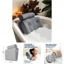 Gray Non-Slip Bath Pillow Head Neck Support Tub Jacuzzi Quick-Drying Mesh Hook