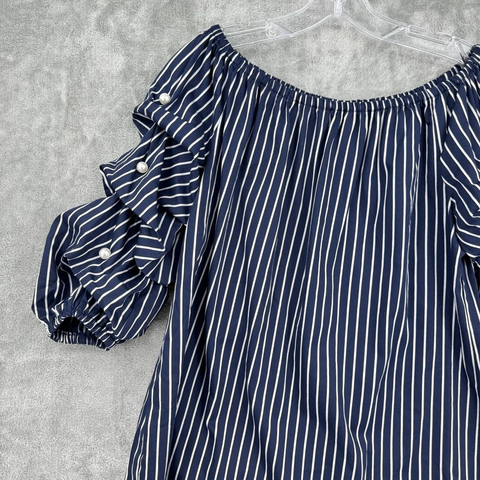 Coco Bianco Blouse Large Striped Off The Shoulder Pearl Puff Sleeve Coquette - Image 3 of 4