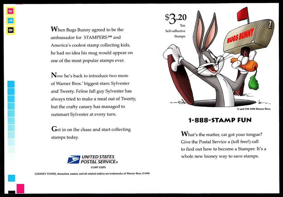 Tweety Sylvester 3204 Right Margin Pane of 10 from Press Sheet w Printers Marks - Image 2 of 2