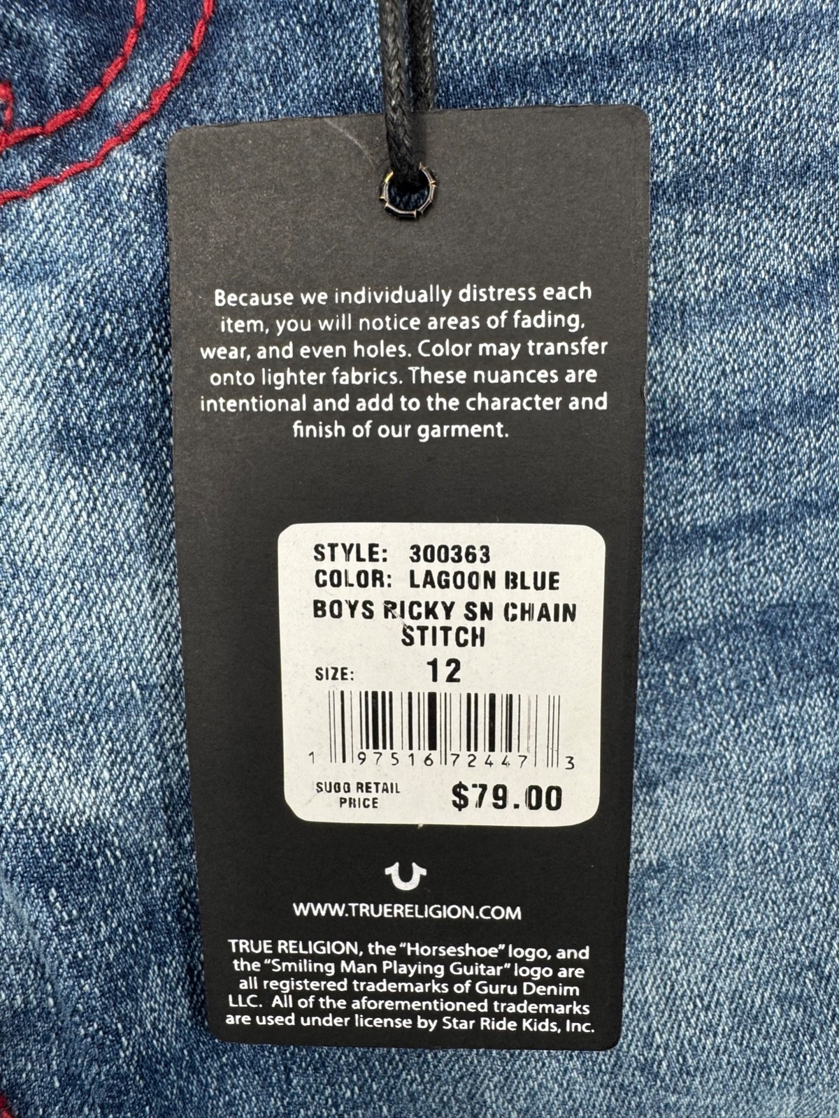 NWT True Religion Ricky SN Chain Stitch Jeans Boys 12 Lagoon Blue Distressed thumbnail 11