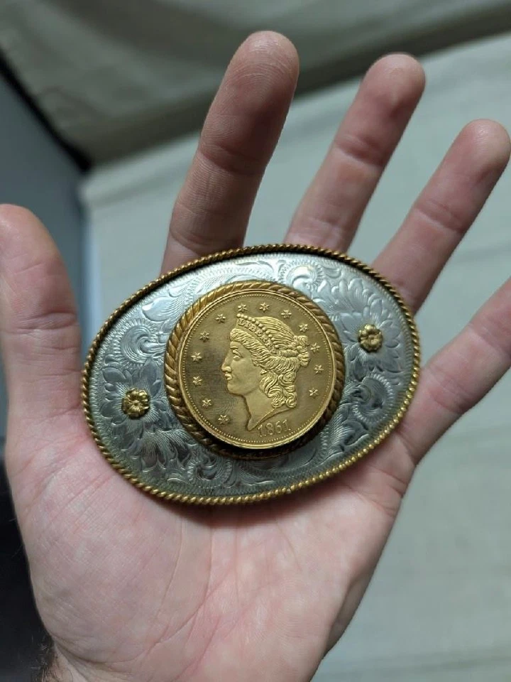 1861 vintage MORGAN gold coin MONTANA SILVERSMITHS belt buckle 20 dollar WESTERN - Image 2 of 4