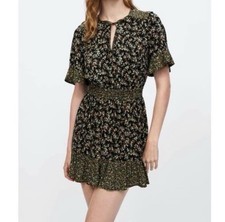 Zara Black Floral Short Sleeve Peasant Dress - Size XS
