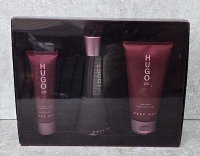 Vtg Hugo Boss Deep Red 3 oz Perfume 5 oz Body Lotion 2.5 oz Shower Gel Gift Set