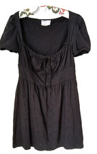 Black Broderie Anglaise Milkmaid Mini Dress Babydoll Puff Sleeve Flared UK 14