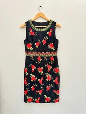 Vintage Black Lace Sheath Dress Red Rose Embroidery Sleeveless Sz Large