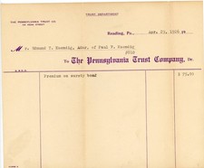 1926 Pennsylvania Trust Co. Receipt Edmund T. Kuendig Administrator Surety Bond