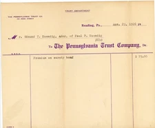 1926 Pennsylvania Trust Co. Receipt Edmund T. Kuendig Administrator Surety Bond
