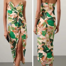 Katie May Come On Home Dress XS Tropical Strapless Floral High Slit Midi Resort