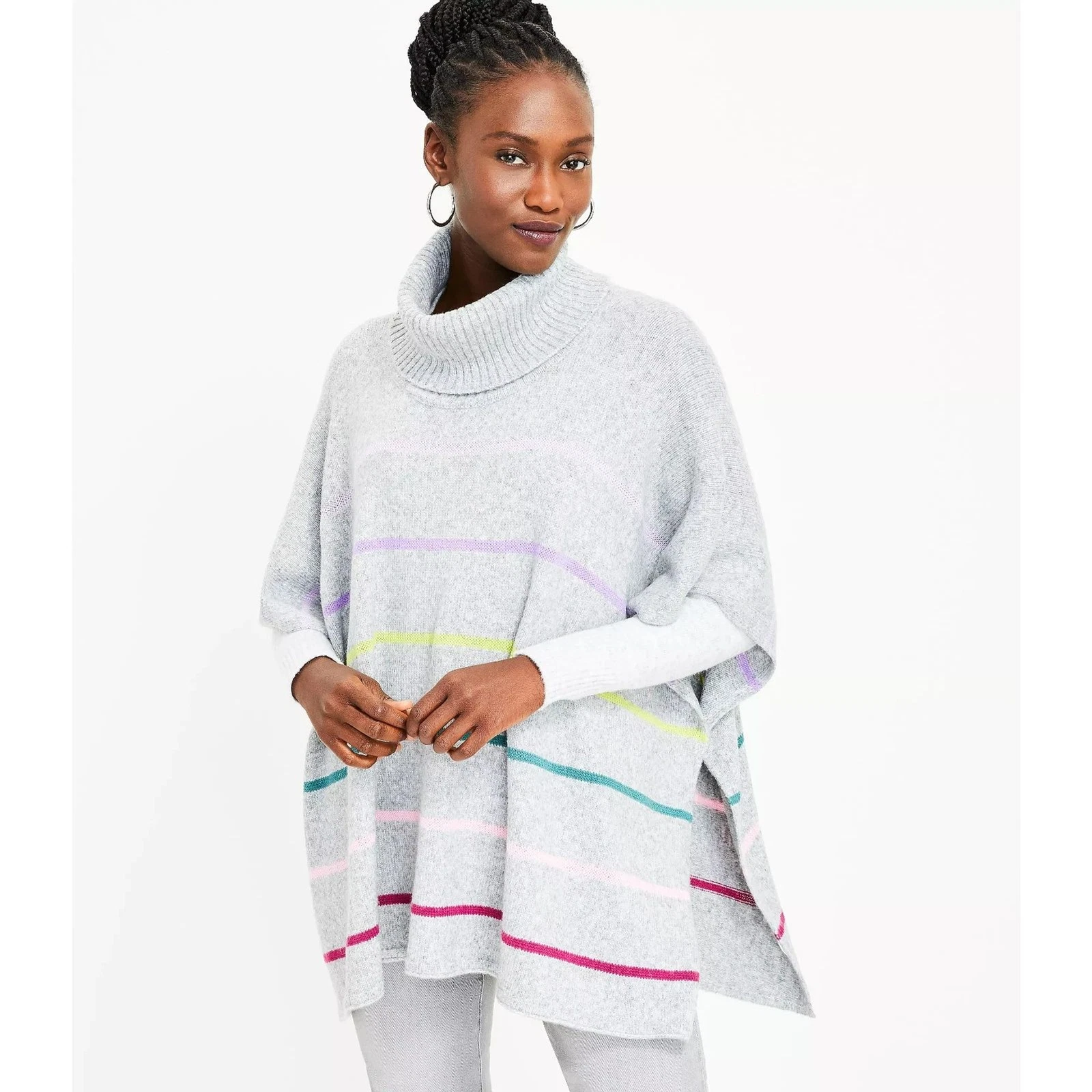 Ann Taylor LOFT Turtleneck Striped Poncho Sweater Women's XL/XXL Gray NWT Wool