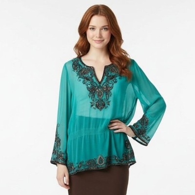 Cache 100% Silk Blue & Brown Sheer Embellished Embroidered Peasant Top S