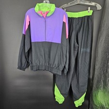 Vintage Nylon Track Suit Set Womens S Windbreaker 90s Neon Color Block Pullover
