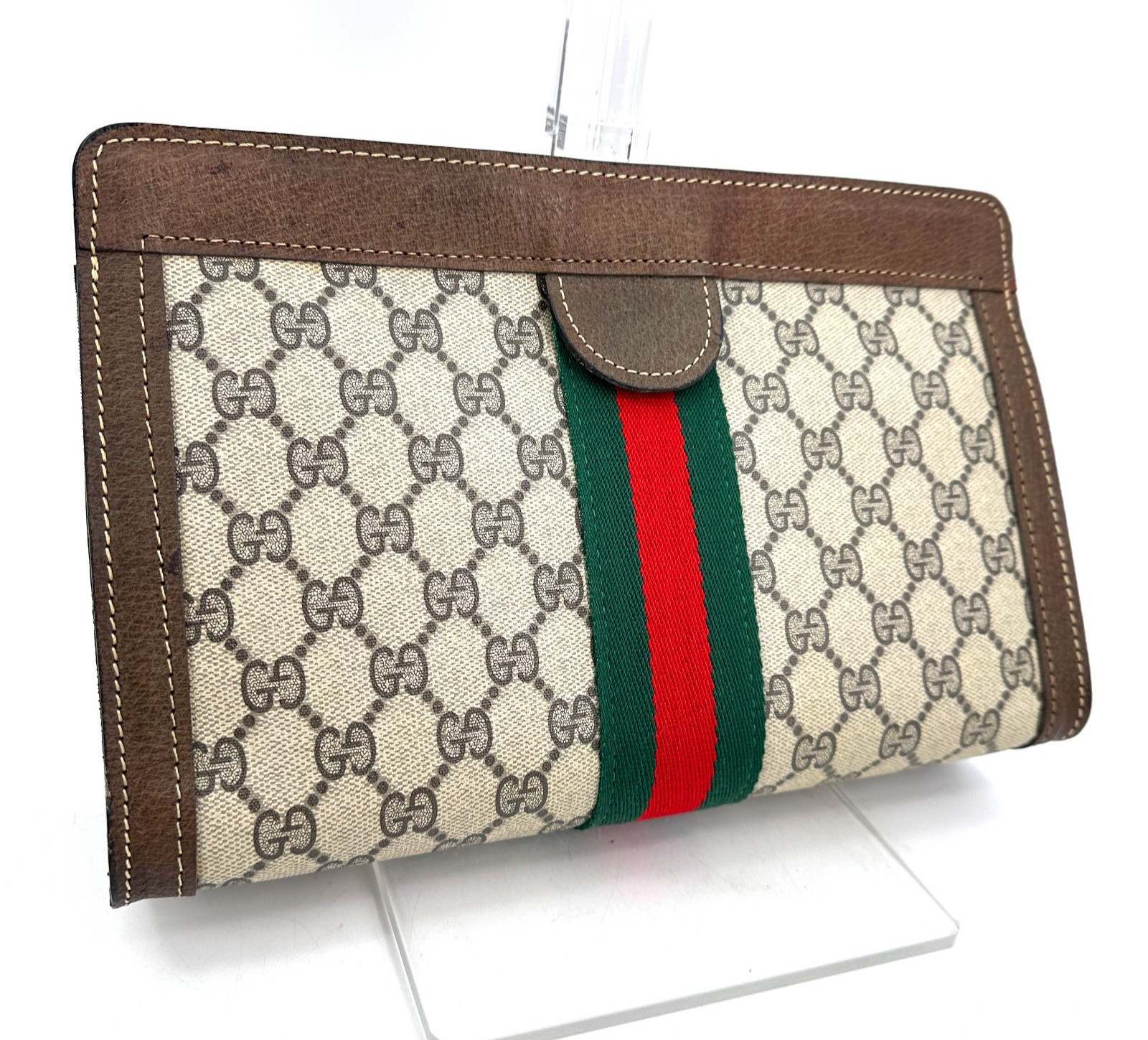 Vintage GUCCI Clutch Bag Sherry Line GG PVC Leather Brown Purse Authentic thumbnail 4