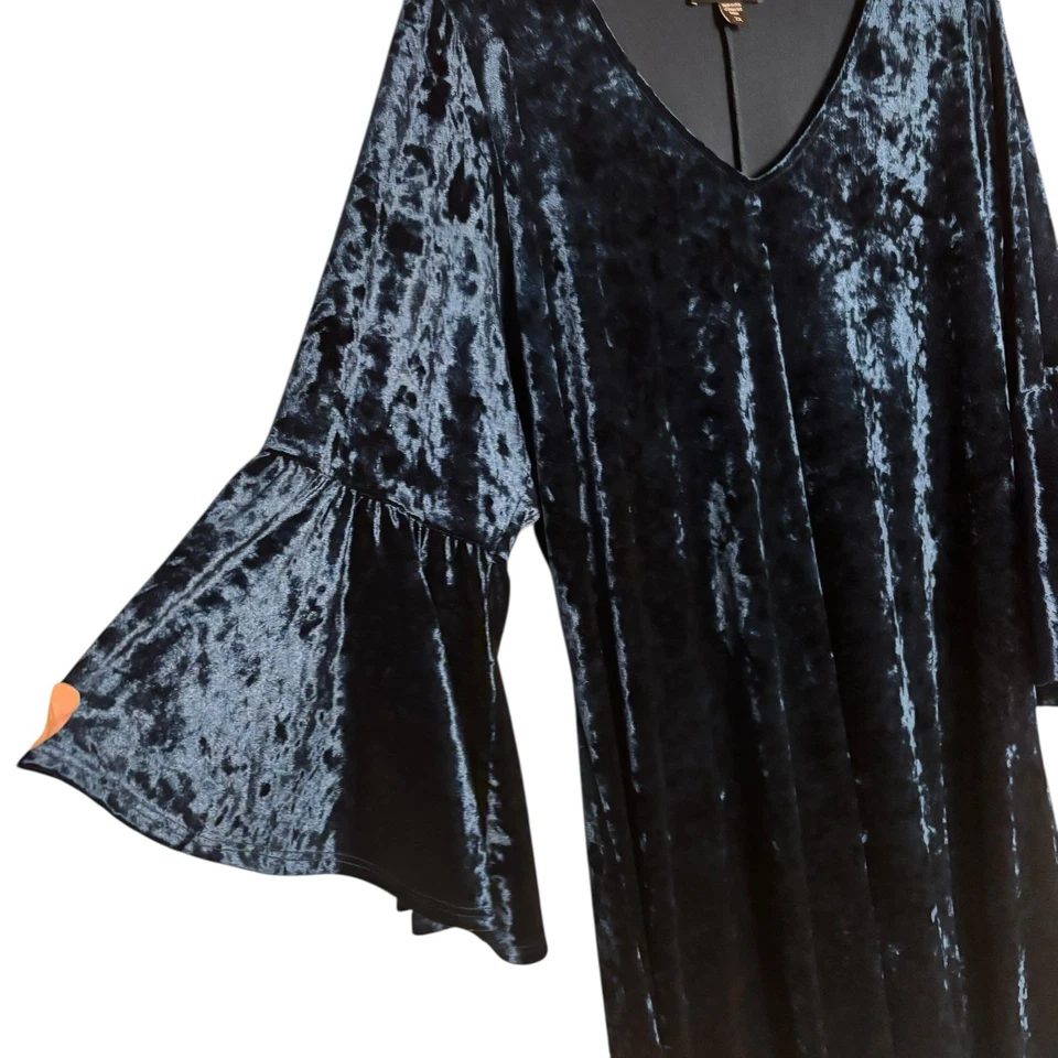 Karen Kane Plus Size 2X Stretch Teal Velvet Bell Sleeve Swing ALine Shift Dress - Image 2 of 4