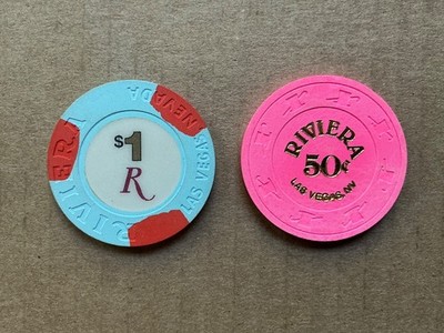 Lot of 2 Riviera Casino Las Vegas Poker Chips, 1-$1, 1-50 Cent